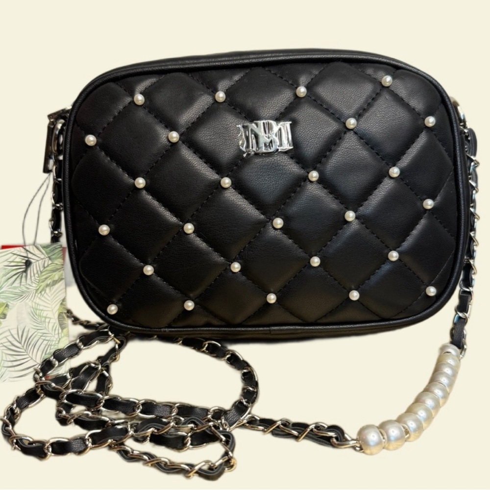 Badgley Mischka black quilted, pearls, crossbody vegan leather bag, NWT